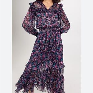 Misa Los Angeles Floral Long Sleeve Dress Sz XS - Purple and Pink